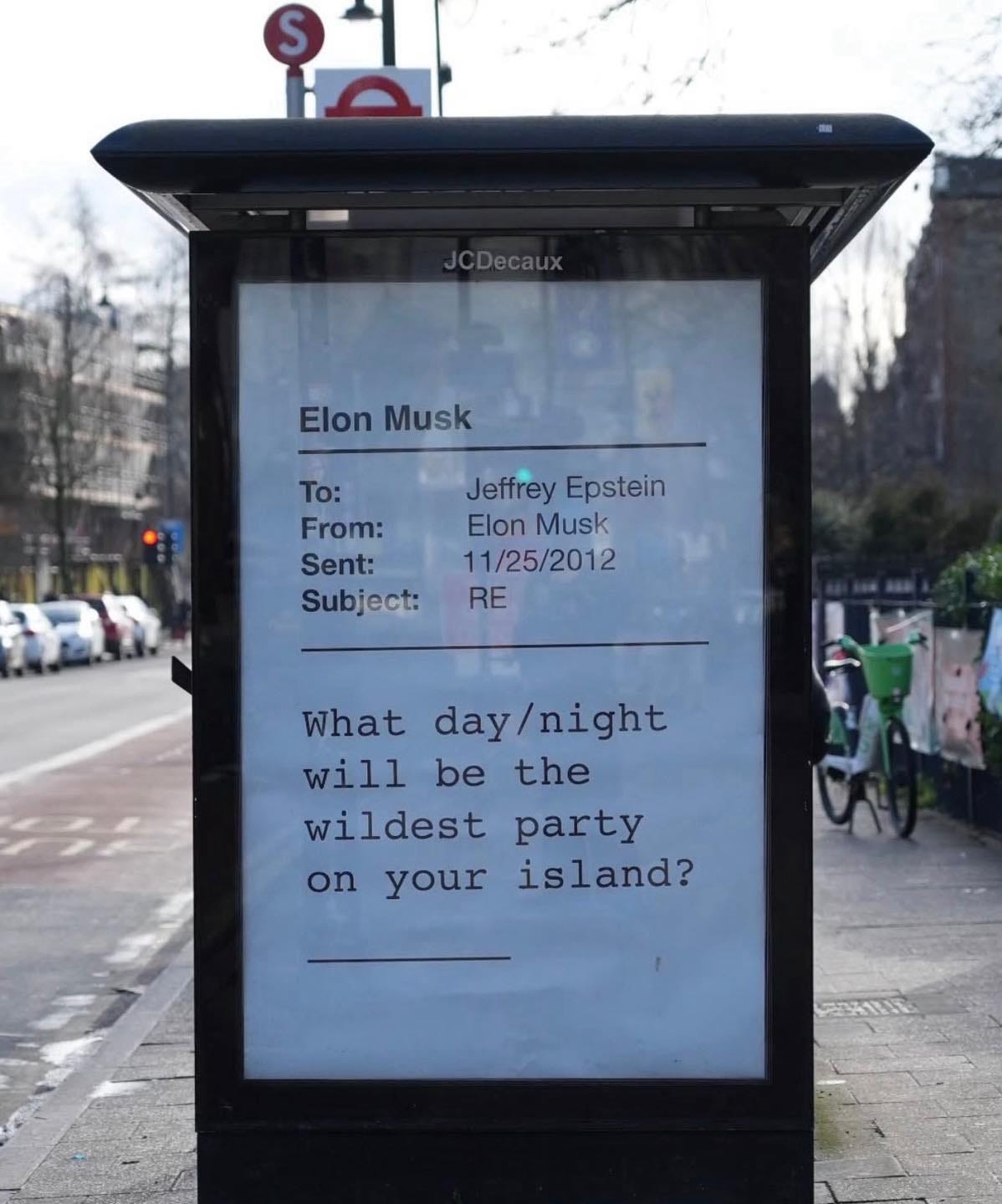 May be an image of text that says 'Elon Musk To: From: Sent: Subject: JeffreyEpstein Jeffrey Epstein Elon Musk 11/25/2012 RE What day/night will be the wildest party your island? on'