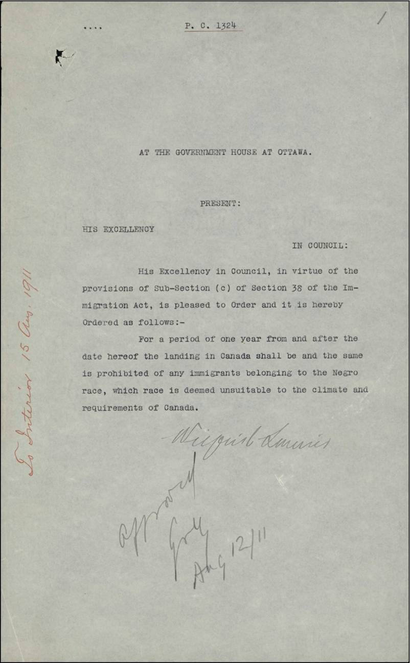 Copy of Order-in-Council P.C. 1324 signed in August 1911. Provided by the Libraries and Archives of Canada.
