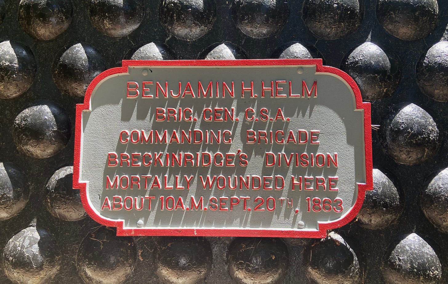Memorial at location of Brig. General Benjamin H. Helm’s mortal wounding. Author photograph; June 20, 2022 Memorial at location of Brig. General Benjamin H. Helm’s mortal wounding. Author photograph; June 20, 2022
