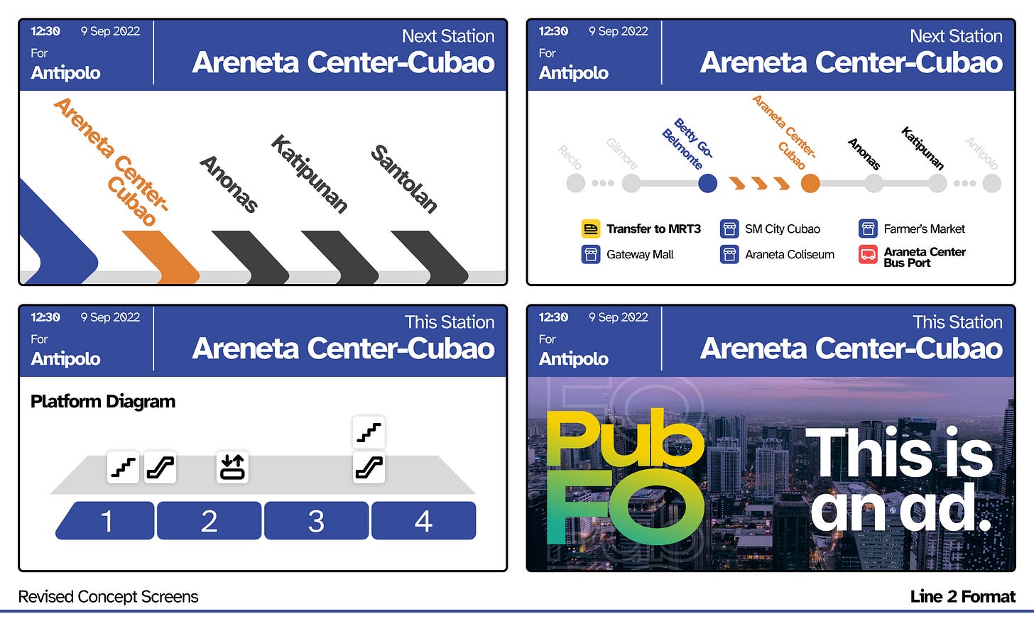 A four-image mockup of the redesign concept screens with the Line 2 format. It shows the large progress map, small progress map and points of interest, platform diagram, and the ad screen