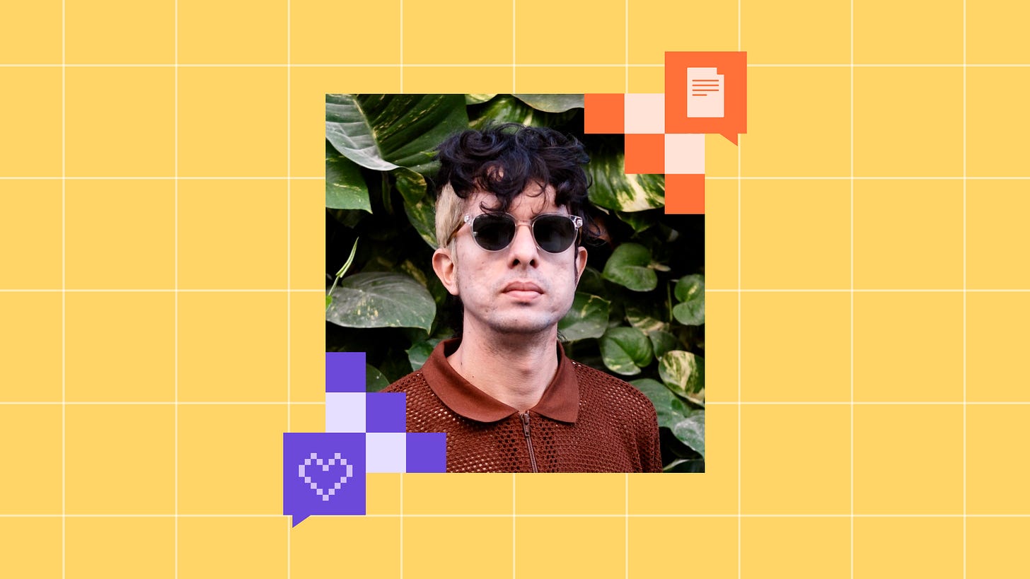  Person wearing sunglasses and a brown mesh polo shirt, framed by green leaves, with pixel-style heart and document icons overlaid on a yellow grid background.