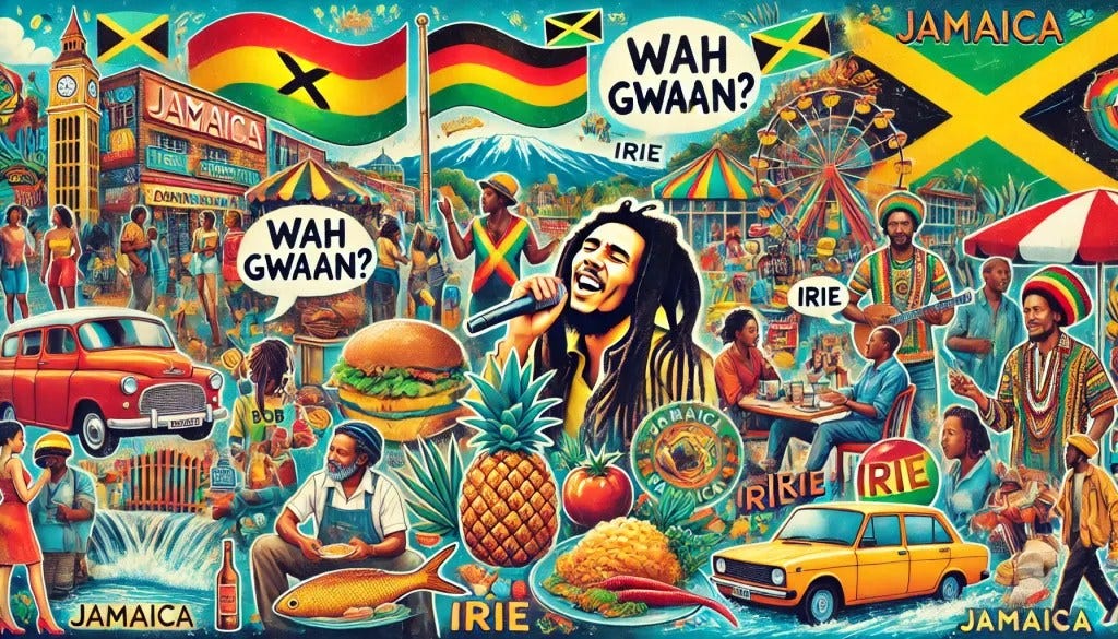 montage that captures the essence of Jamaican Patois, culture, and vibrancy. It blends iconic Jamaican themes like reggae, traditional food, and famous landmarks to convey the warmth and