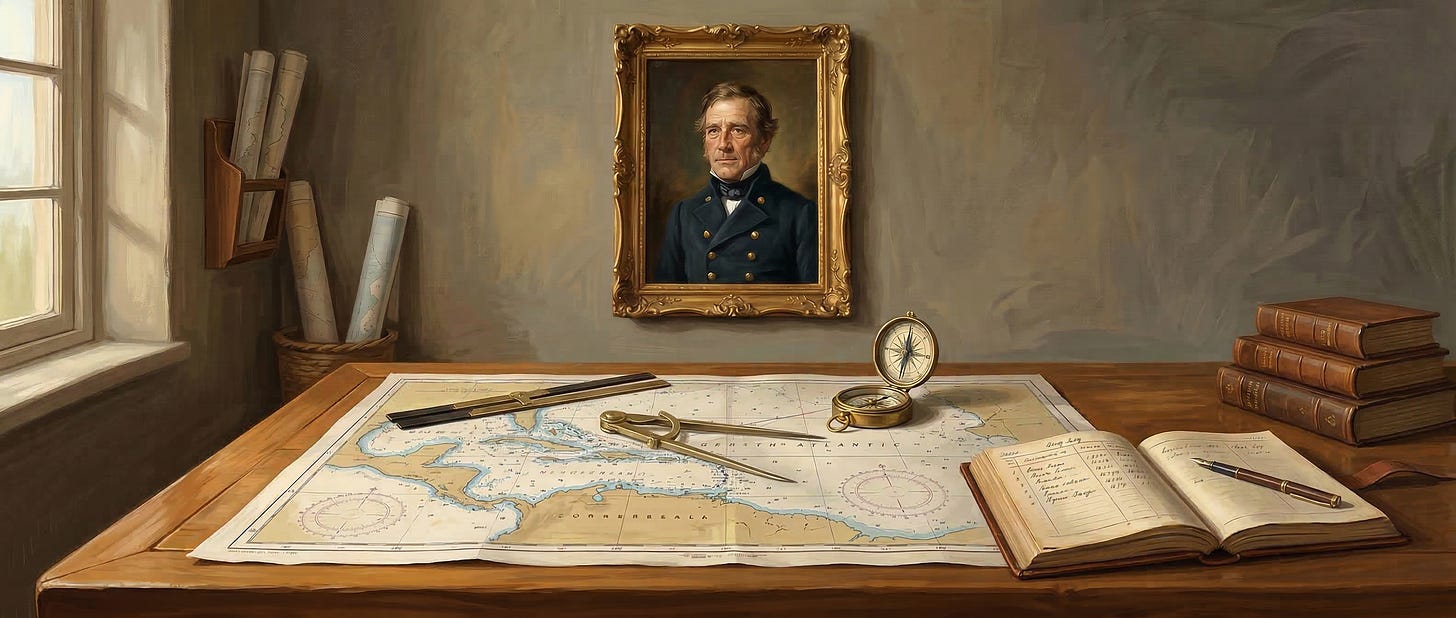 At the same navigator's desk, the painting is now mounted on the wall and the materials are now spread out on the desk, ready to use. At the same navigator's desk, the painting is now mounted on the wall and the materials are now spread out on the desk, ready to use.