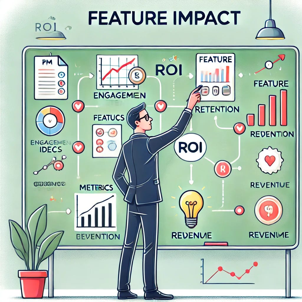 A professional and visually engaging cartoon-style illustration of a product manager analyzing feature impact. The image shows a PM standing at a whiteboard or desk, mapping out a simplified ROI framework with key elements like metrics (engagement, retention, revenue) connected by arrows. On one side, a feature idea (represented by an app screen or lightbulb icon) flows into metrics, and on the other side, business outcomes like growth and revenue are highlighted. The background includes subtle icons like graphs, charts, and user engagement symbols to reinforce the theme of data-driven decision-making. The style is clean, modern, and approachable.
