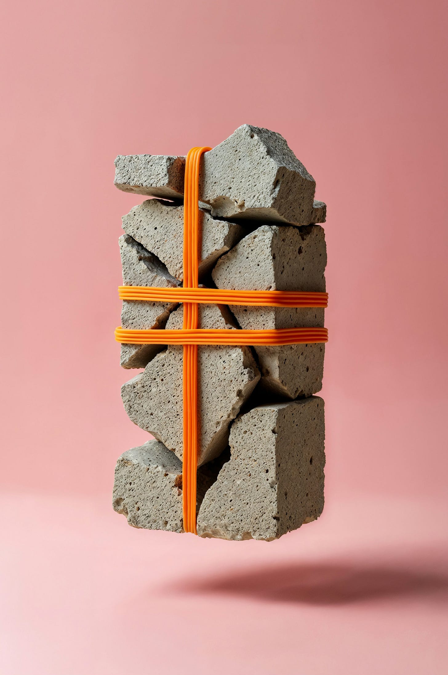 Stacked and crumbling concrete blocks held together by orange tension cords.