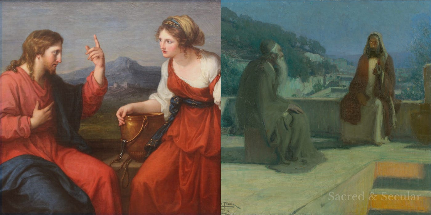 Side-by-side classical paintings showing Jesus speaking with Nicodemus at night and with the Samaritan woman beside a well in daylight.