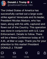 AlInstanteTN I El presidente de Estados Unidos, Donald Trump, confirmó a través de su cuenta de Twitter (X) que Nicolás Maduro y su esposa Cilia Flores habrían sido capturados y extraídos de AlInstanteTN I El presidente de Estados Unidos, Donald Trump, confirmó a través de su cuenta de Twitter (X) que Nicolás Maduro y su esposa Cilia Flores habrían sido capturados y extraídos de