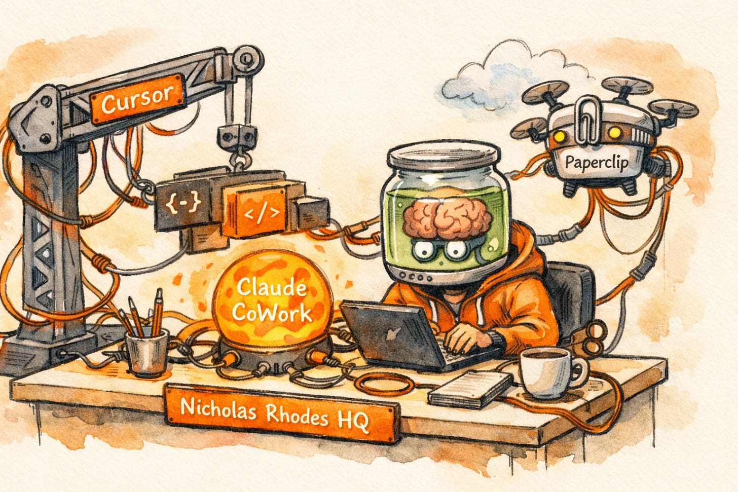 Solopreneur AI tool stack in 2026 — Cursor, Claude CoWork, and Paperclip wired together at a desk labeled Nicholas Rhodes HQ Solopreneur AI tool stack in 2026 — Cursor, Claude CoWork, and Paperclip wired together at a desk labeled Nicholas Rhodes HQ