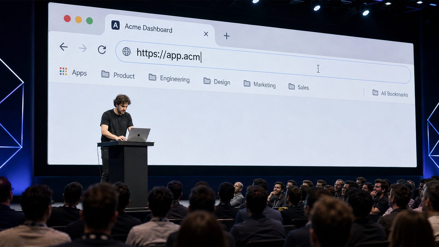 Founder manually typing a long website address during a live product demo while the unfinished URL is projected onto a large conference screen. Founder manually typing a long website address during a live product demo while the unfinished URL is projected onto a large conference screen.
