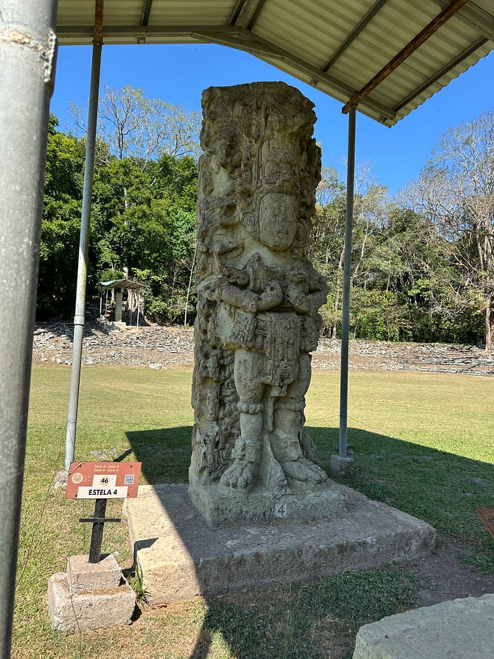 Stelae representing Washaklahun-Ubah-K'awil, known as 18-Rabbit in the Great Plaza of Copán