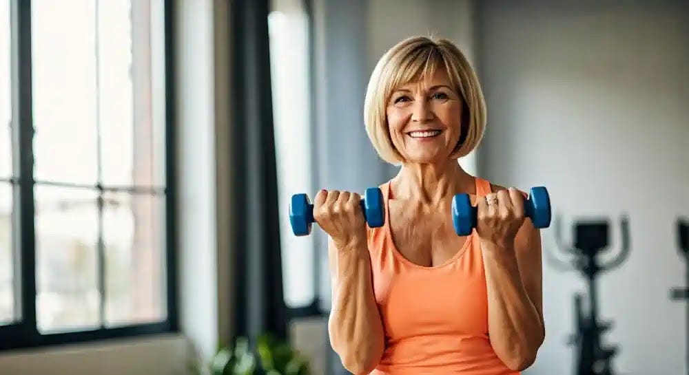 An upbeat senior citizen stands and delicately lifts small dumbbells.
