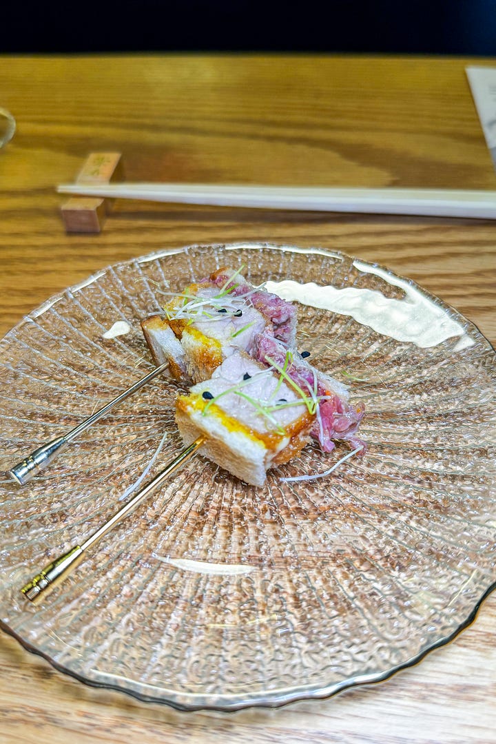 Veal sweetbreads sando; chef Taka with his abalone plus the final dish; ika ramen pre broth. Maido restaurant takahisa japanese restaurant