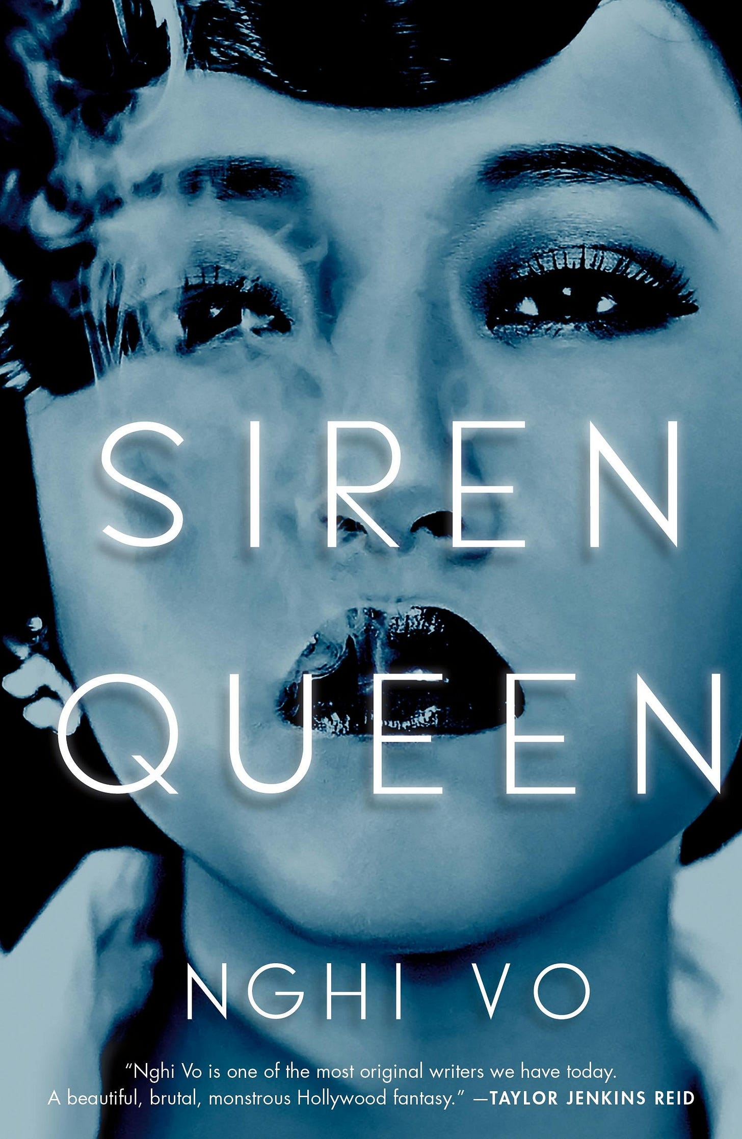 Book cover for Siren Queen by Nghi Vo. Shows face of an Asian woman with dark lipstick blowing out cigarette smoke.