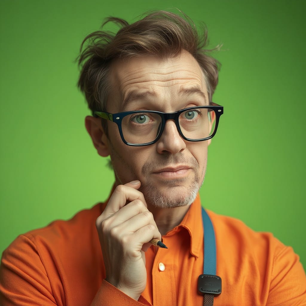 Portrait of a thinking 40-year old nerd wearing impressive glasses and vivid colored clothes, holding a pen in hand. Isolated on a vivid contrasting bright green background with space. High-quality Portrait of a thinking 40-year old nerd wearing impressive glasses and vivid colored clothes, holding a pen in hand. Isolated on a vivid contrasting bright green background with space. High-quality