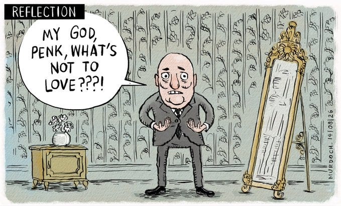 Cartoon. Title: “Reflection”  Image shows a dismayed PM Christopher Luxon standing in a room, beside a full length mirror. He’s indicating himself and saying, “My God, Penk, what’s not to love???!”