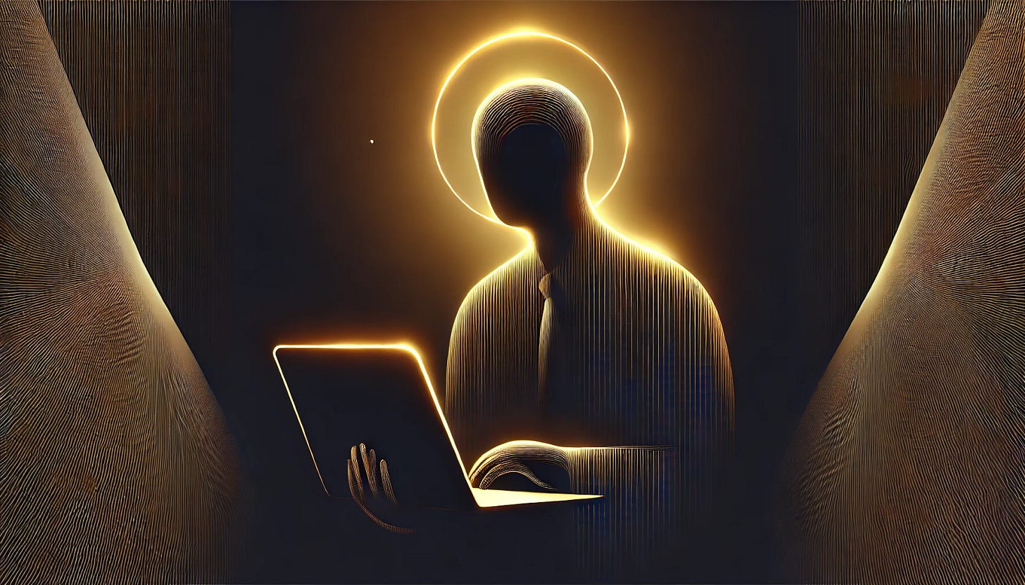 A minimalist, faceless silhouette of a person hunched over a laptop, glowing with a warm golden hue. A soft halo effect outlines both the figure and the screen, symbolizing energy and structured focus. The background is a deep black, enhancing the contrast and making the glow stand out. The composition is sleek and abstract, evoking a sense of productivity without burnout.