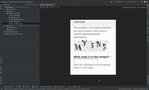 A short animation of a coding interface showing the i-am-bot automated CAPTCHA solver in action. The interface displays Python code running a CAPTCHA solving script. The terminal at the bottom shows the bot's process of identifying and solving the CAPTCHA, with messages indicating the steps taken, such as identifying CAPTCHA types and proceeding to solve them.