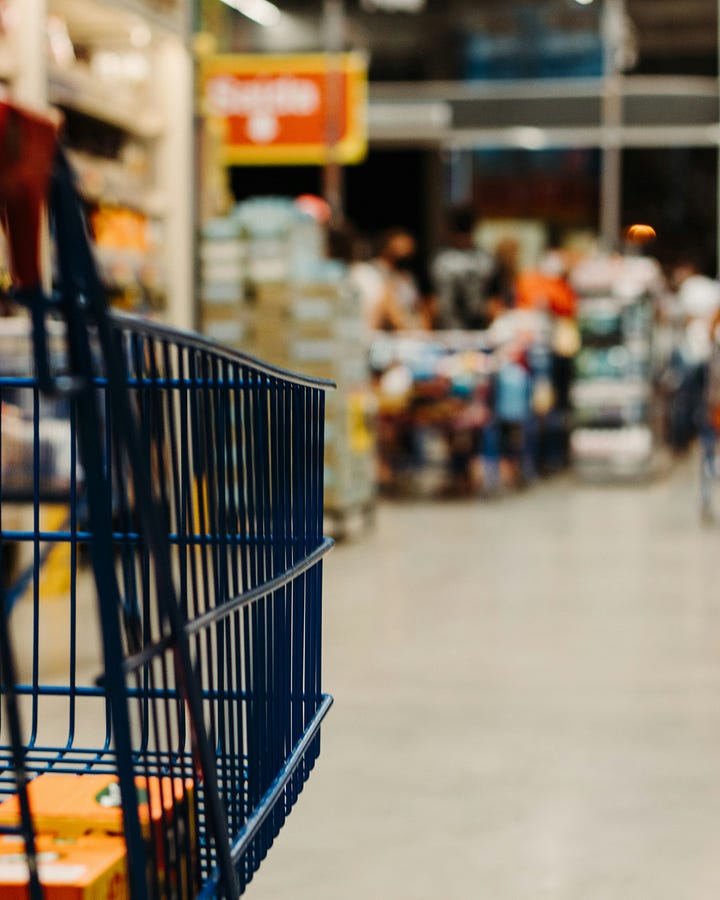 Grocery cart and fresh veggies. Photos by Eduardo Soares and Peter Wendt via Unsplash.