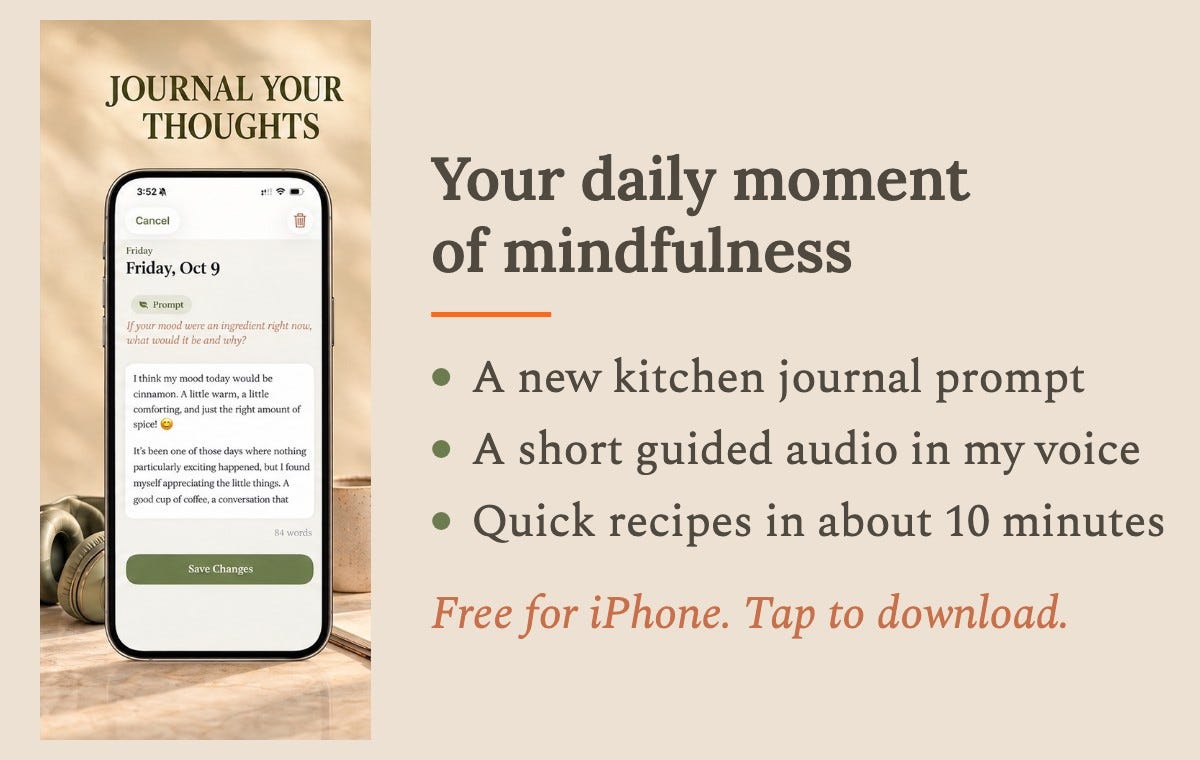 The free Cooking Therapy app for iPhone: a daily kitchen journal prompt, short guided audios and quick recipes The free Cooking Therapy app for iPhone: a daily kitchen journal prompt, short guided audios and quick recipes