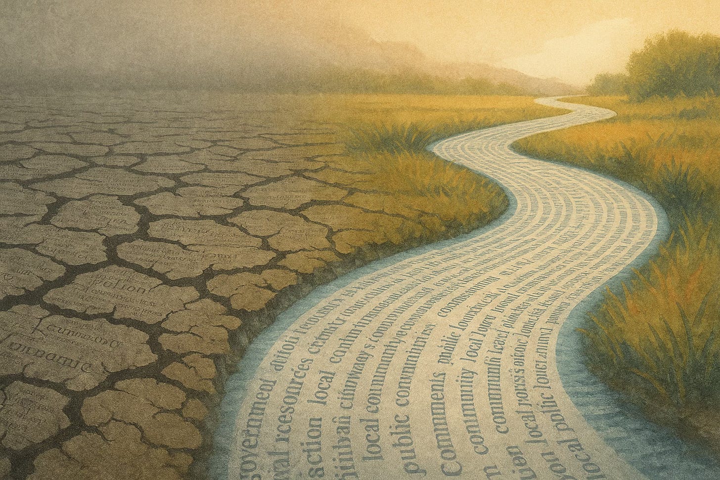 Digital illustration of a cracked, dry riverbed on the left gradually transforming into a flowing stream of colorful water made from faint lines of text, symbolizing the shift from a news drought to vibrant local reporting. Digital illustration of a cracked, dry riverbed on the left gradually transforming into a flowing stream of colorful water made from faint lines of text, symbolizing the shift from a news drought to vibrant local reporting.