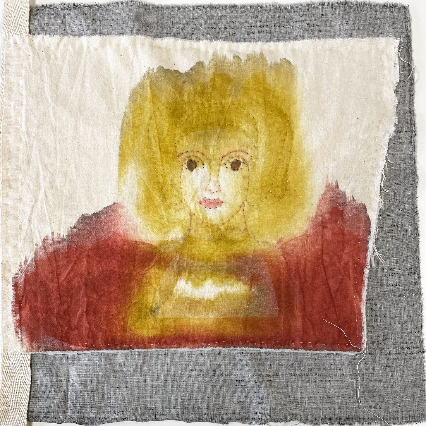 A blurred image with bleeding colours representing Anna of Cleves. Her dark red dress and golden headdress are deliberately smudged.