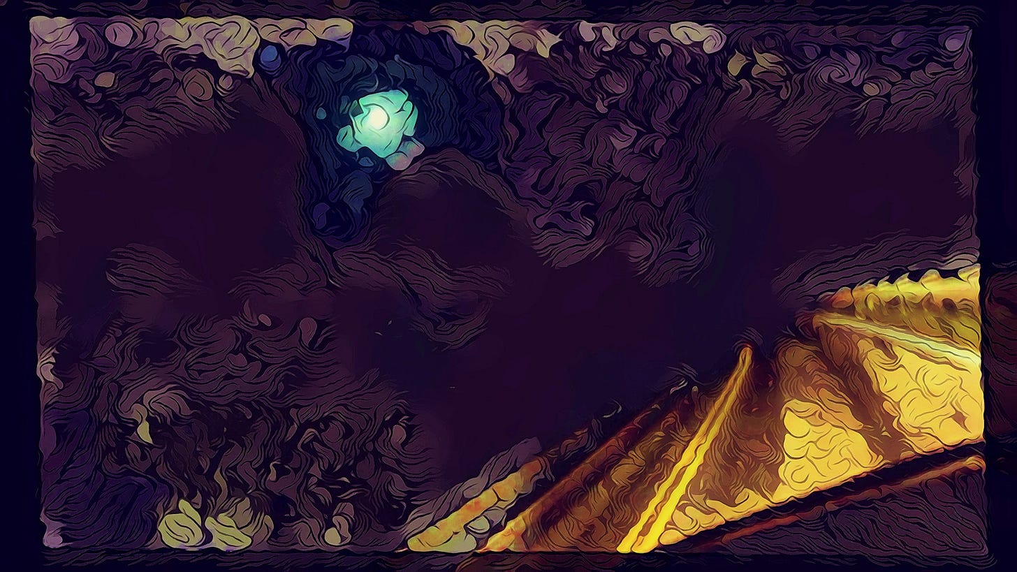 "Driving Home after a Gig, Lake Monroe." Driving at night along a banked two-lane curve by Lake Monroe, Bloomington, Indiana seen through a car windshield, with a glowing moon in a turbulent purple sky, dark water on the left, and bright golden cornfields rising on the right. Sketch based on author's photograph, digital tools included Krita & AI.