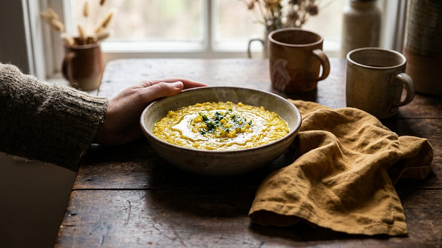 A warm bowl of golden kitchari on a simple table, steam rising, with a drizzle of olive oil catching soft natural light.