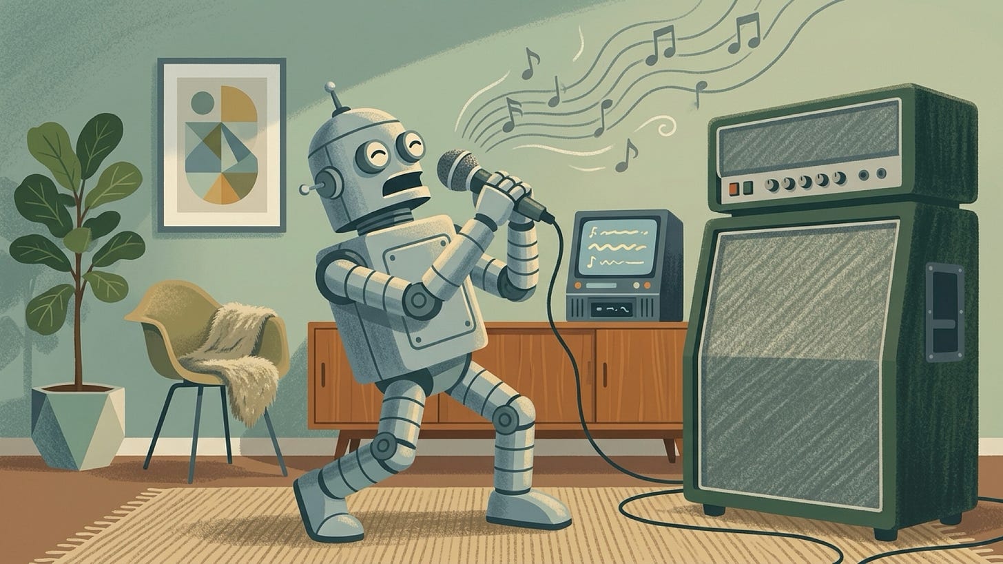 Illustration: a robot singing into a microphone beside a guitar amplifier Illustration: a robot singing into a microphone beside a guitar amplifier