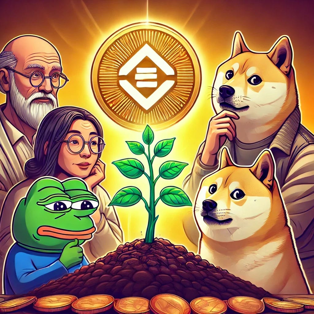 A digital illustration showing characters inspired by popular memecoins like Doge and Pepe gathered around a flourishing plant, representing growth and value beyond price. The characters appear thoughtful and engaged, suggesting that tokens need more than just market value to thrive. The background is warm and vibrant, symbolizing stability and growth. No text or token symbols included.