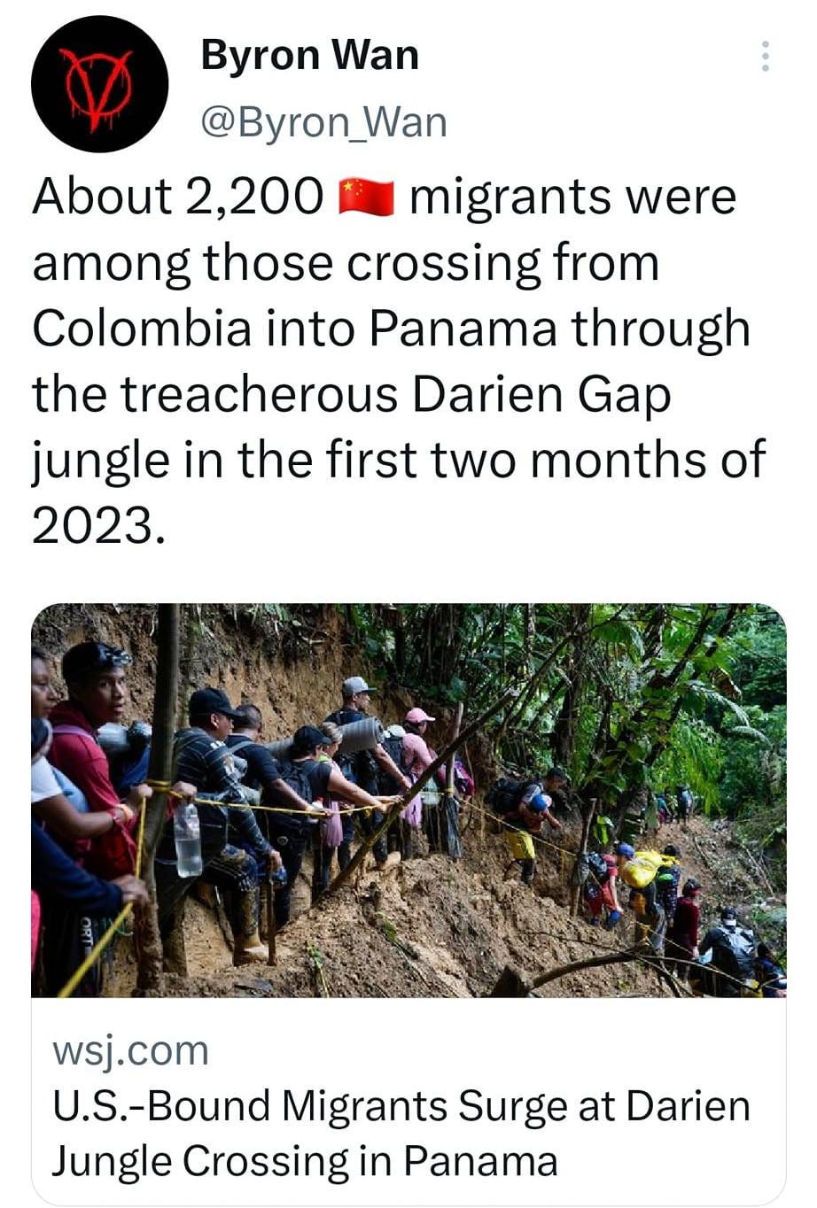May be an image of 7 people and text that says '12:07 M 100% Tweet Byron Wan @Byron_Wan About 2,200 migrants were among those crossing from Colombia into Panama through the treacherous Darien Gap jungle in the first two months of 2023. wsj. wsj.com U.S.-Boun Migrants Surge at Darien Jungle Crossing in Panama 10:28 PM. 26 Mar 23 4,728 Views Tweet your reply'