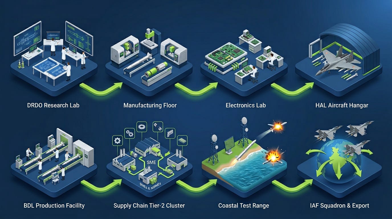 ASTRA missile value chain 3D isometric infographic in navy blue and green