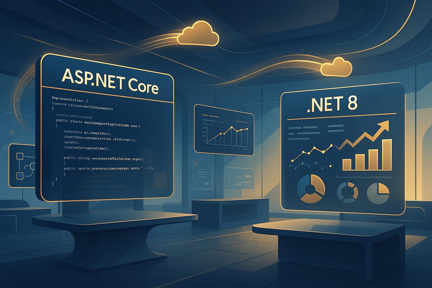 Futuristic dashboard showcasing ASP.NET Core code and .NET 8 analytics in a cloud-connected setup. 