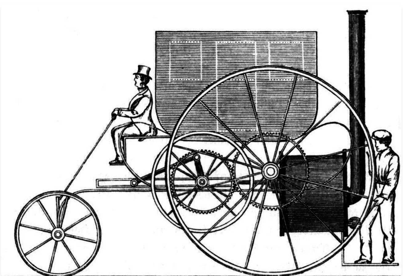 The image illustrates a black and white drawing of a man riding a large, rectangular carriage with multiple wheels of varying sizes. The man sits at the front of the carriage driving it, and a separate man stands behinds the carriage.