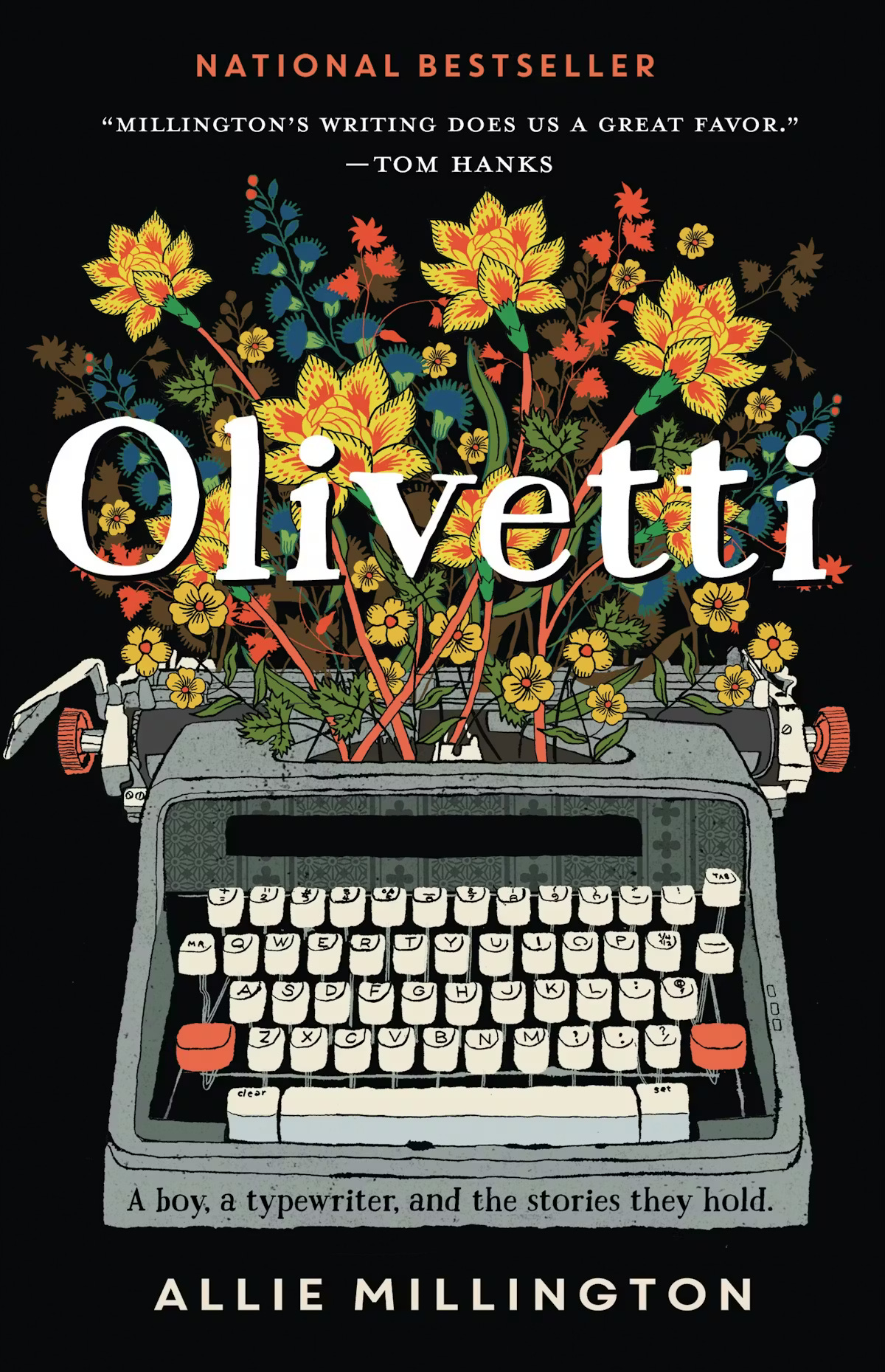 The cover of Olivetti shows a typewriter against a colorful bouquet of flowers, against a black backdrop.