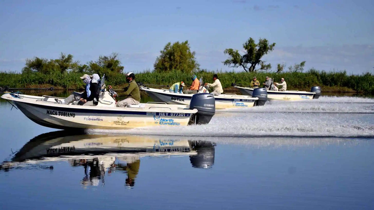 This golden dorado liveaboard trip in Argentina uses 17.5 Carolina Skiffs with 70 HP Yamaha motors and electric trolling motors.