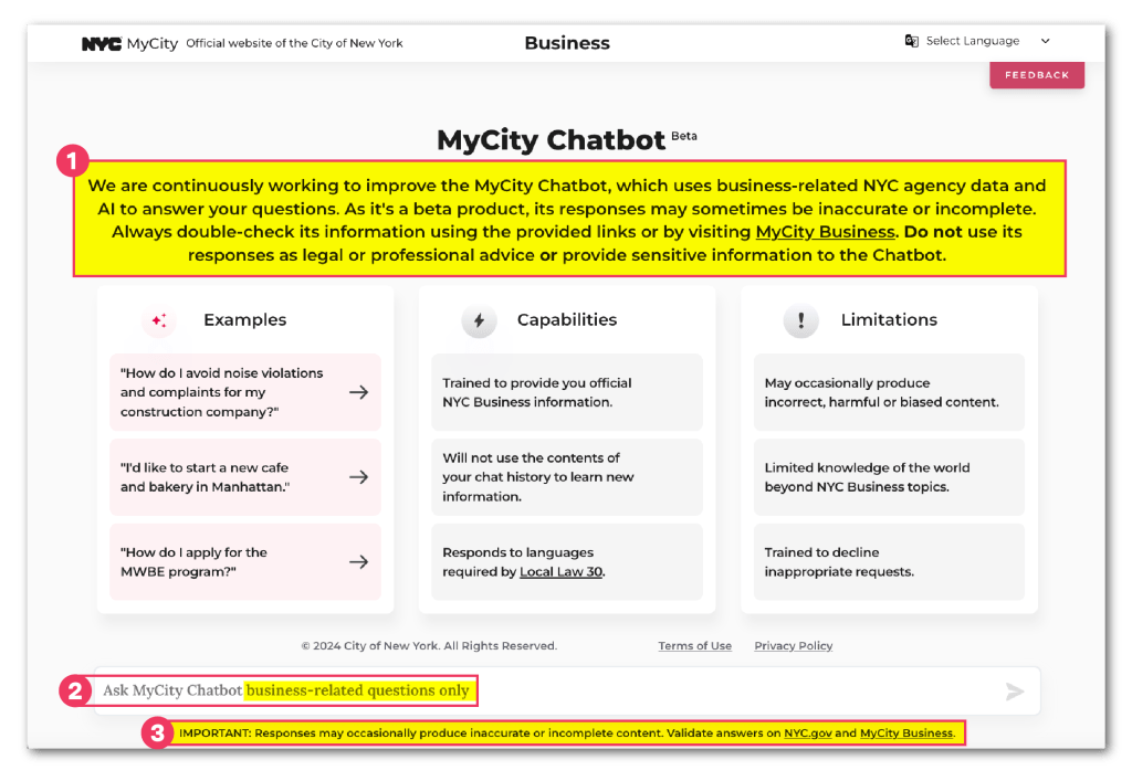 Annotated screenshots showing changes made to the MyCity Chatbot homepage since The Markup’s investigation
