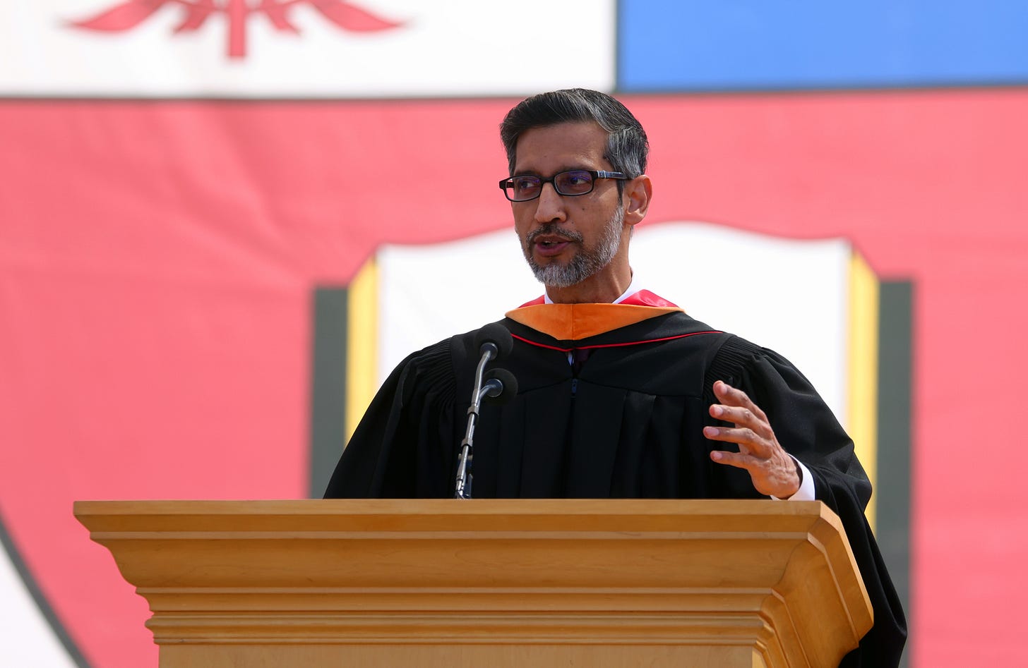 Google and Alphabet CEO Sundar Pichai, delivers Stanford’s Commencement address on Sunday, June 14, 2026, in Palo Alto, Calif.  (Aric Crabb/Bay Area News Group)