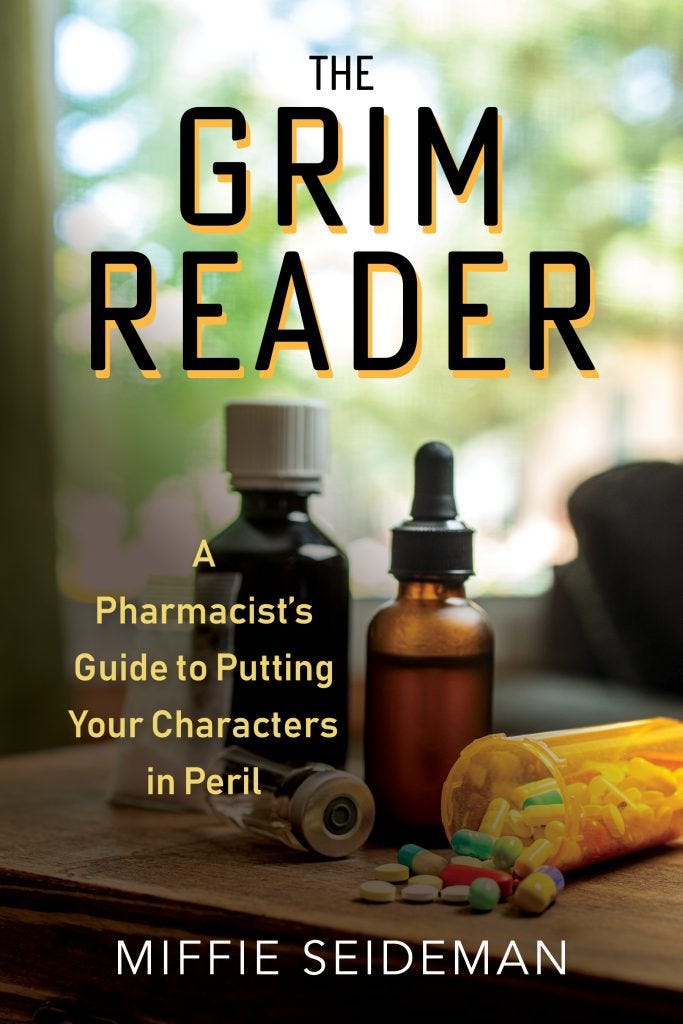 The front cover of The Grim Reader with bold balck font title and whispy green folaiage in the background. Bottles of syrup and scattered pills are in the foreground The front cover of The Grim Reader with bold balck font title and whispy green folaiage in the background. Bottles of syrup and scattered pills are in the foreground