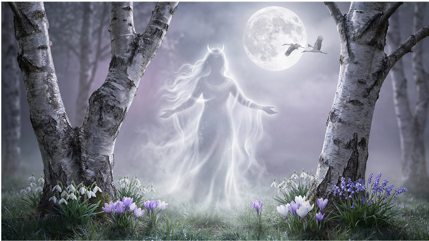 Déesse aux cheveux d'argent et couronne en croissant de lune entre deux bouleaux sacrés, entourée de perce-neiges et de crocus. Umay Ana.