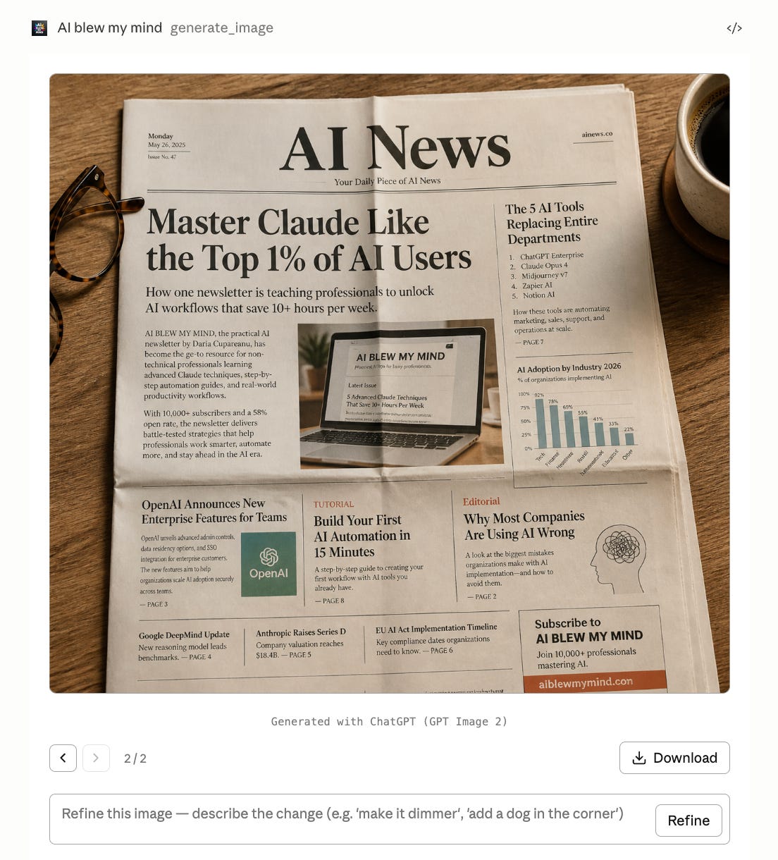 AI-generated newspaper front page created with ChatGPT Images 2 inside the Claude interface using AI BLEW MY MIND Amplifiers. The image features a realistic printed newspaper titled “AI News” placed on a wooden table beside coffee and reading glasses in a warm editorial setting. The front-page layout includes detailed AI-related headlines about mastering Claude workflows, AI automation, OpenAI enterprise tools, AI adoption statistics, and newsletters teaching professionals advanced AI skills. The newspaper design combines authentic typography, realistic paper folds, infographic elements, article columns, and natural lighting to simulate a premium business and technology newspaper focused on artificial intelligence trends and productivity workflows.