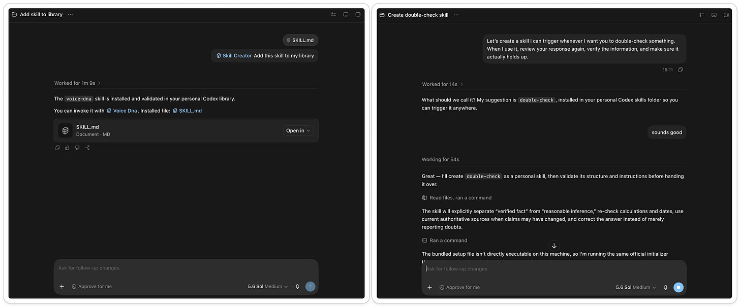  Two ChatGPT Work chats side by side, one installing an existing voice DNA skill into the personal Codex library and one using Skill Creator to build a new double-check skill from a plain-language description.