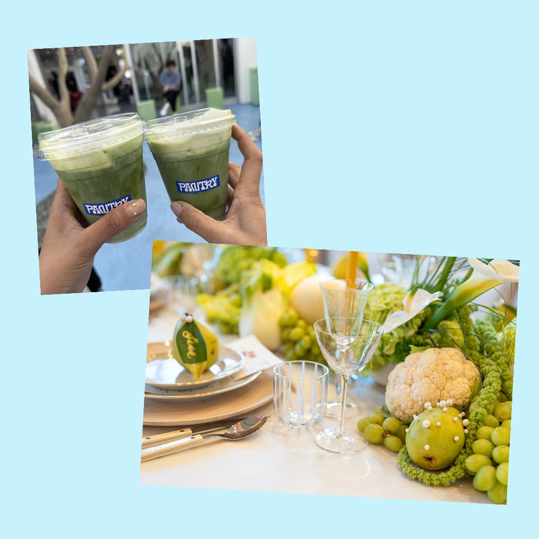 A 2-photo collage showing matcha tea and a tablescape inspired by the color of the matcha.