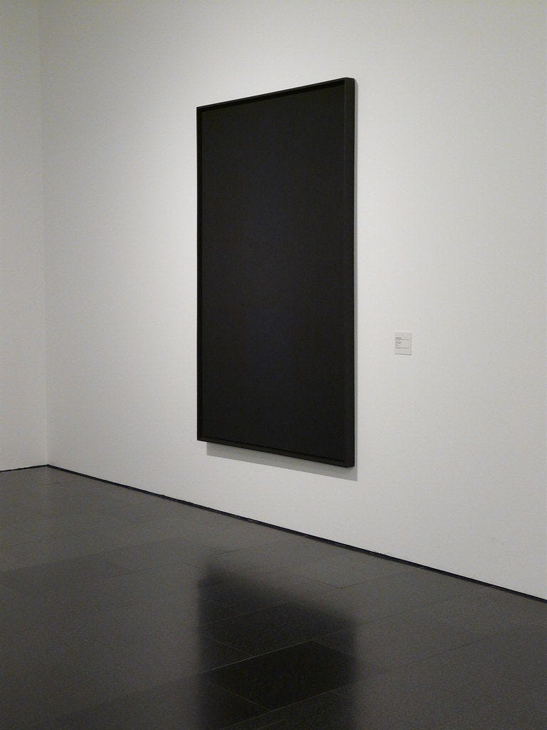 Monochrome black (1963) by Ad Reinhardt, an artwork reflecting postmodernism's belief in a senseless, insensible and essentially dead universe Monochrome black (1963) by Ad Reinhardt, an artwork reflecting postmodernism's belief in a senseless, insensible and essentially dead universe