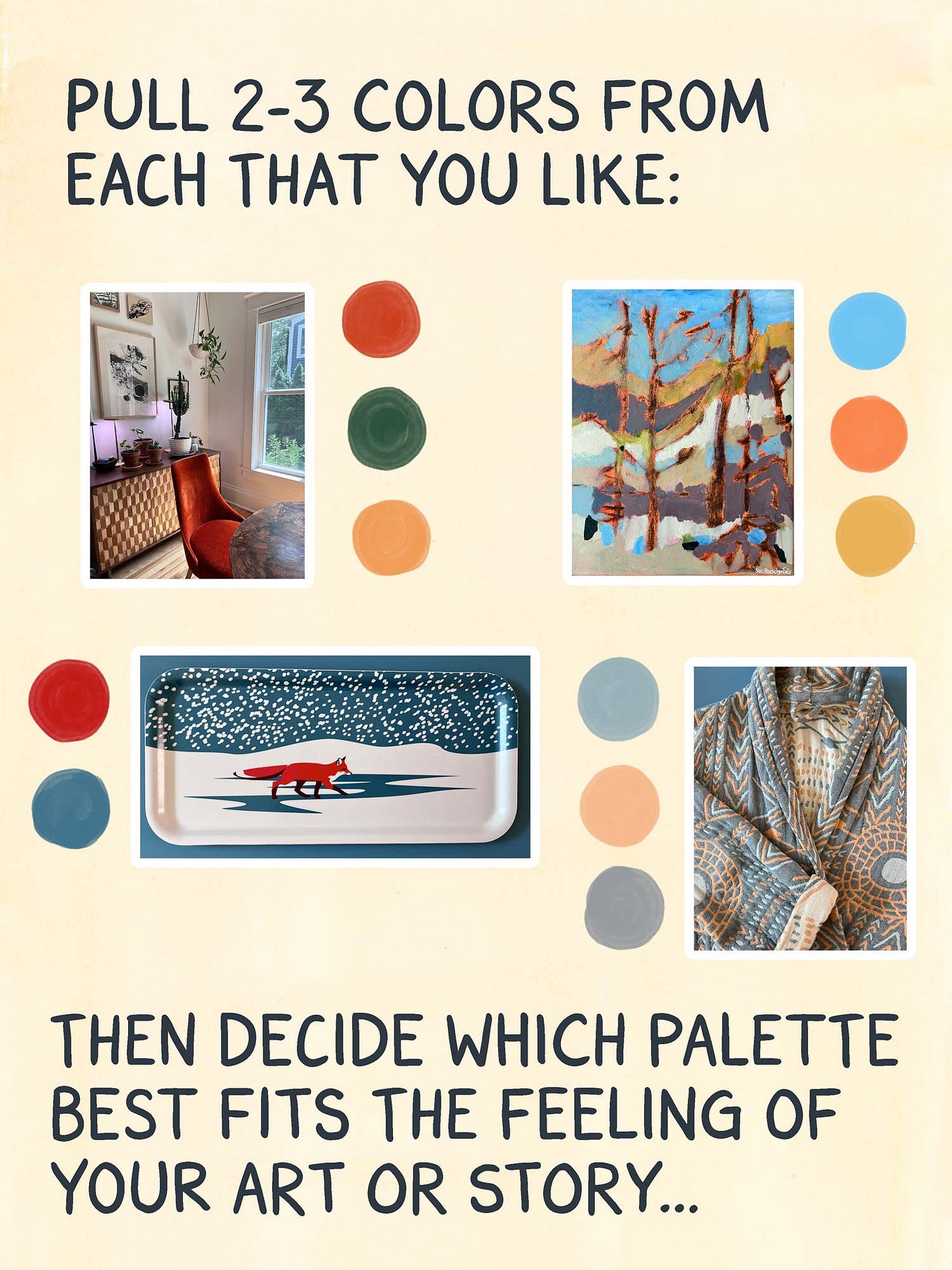 K.Woodman-Maynard, watercolor informational comic, color palettes. Text reads: “Pull 2-3 colors from each that you like, then decide which palette best fits the feeling of your art or story.” 
