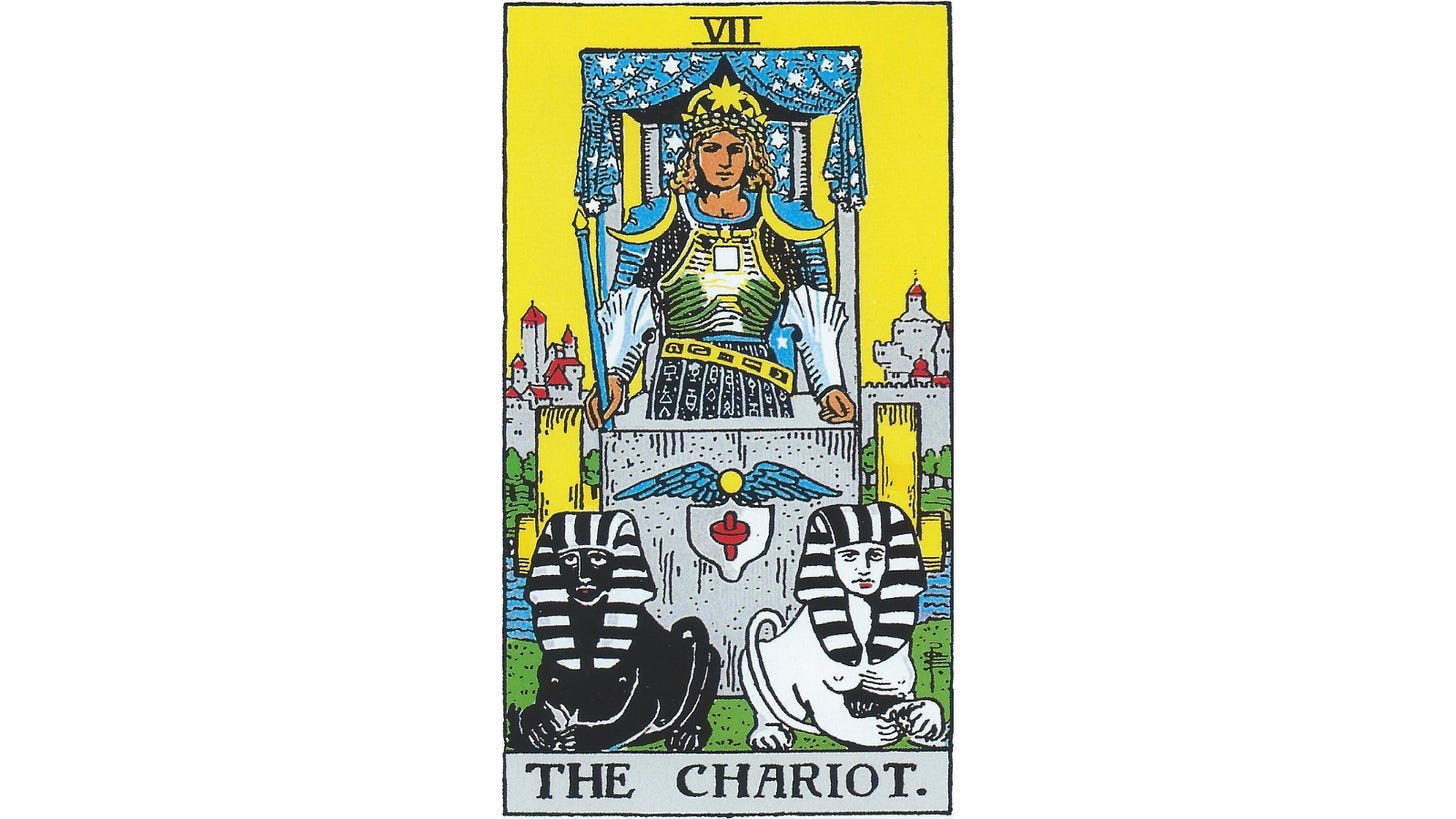 Traditional Tarot card “The Chariot,” showing a charioteer in armour seated between two sphinxes, one black and one white. Traditional Tarot card “The Chariot,” showing a charioteer in armour seated between two sphinxes, one black and one white.