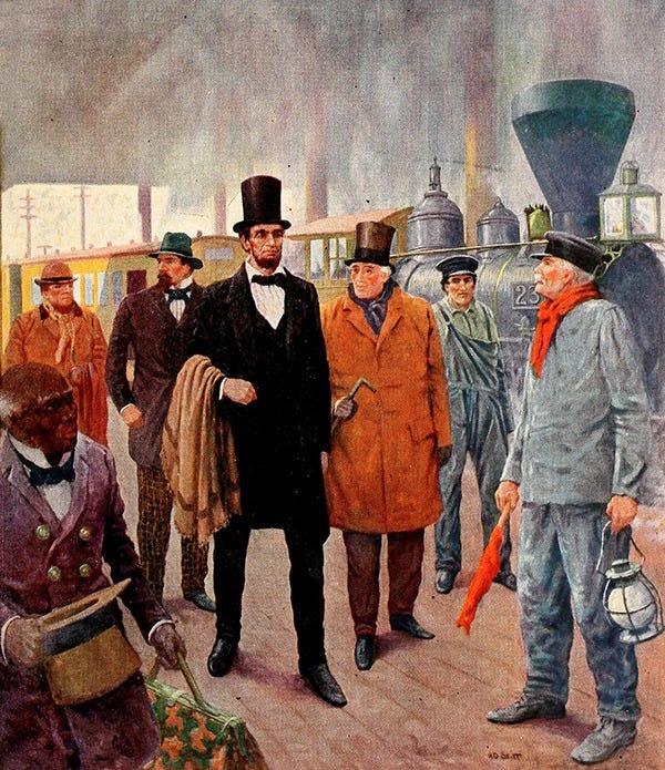 A painting of Abraham Lincoln and his traveling companions striding through a train station. A painting of Abraham Lincoln and his traveling companions striding through a train station.