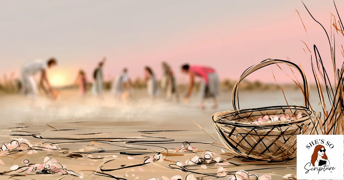 Illustrated wilderness scene at sunrise, manna resting on the ground with a woven basket nearby, figures gathering it in soft golden morning light. Illustrated wilderness scene at sunrise, manna resting on the ground with a woven basket nearby, figures gathering it in soft golden morning light.