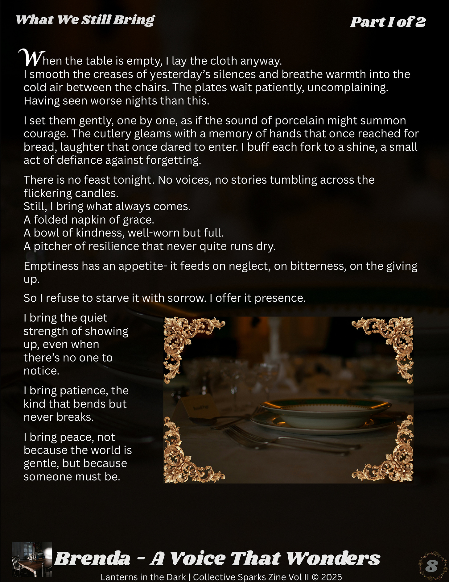 A formally set dinner table with plates, glassware, and cutlery, softly lit, framed with ornate decorative corners suggesting ceremony and restraint.