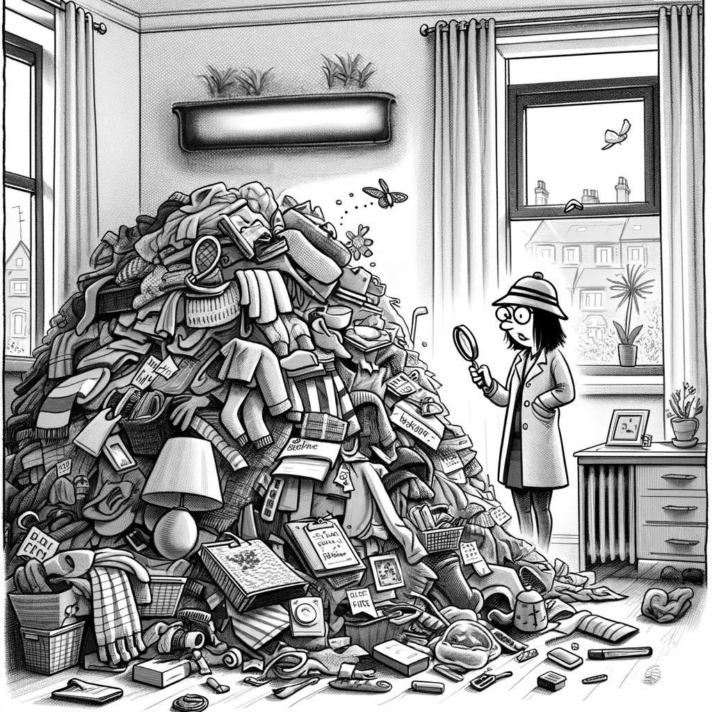 A cartoon of a person looking at a large pile of clothes

Description automatically generated