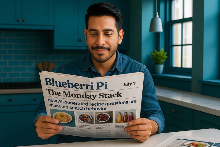 A man in a teal kitchen reads a printed copy of The Monday Stack from Blueberri Pi, headlined "How AI-generated recipe questions are changing search behavior." The newspaper features articles and photos related to food and technology trends. A man in a teal kitchen reads a printed copy of The Monday Stack from Blueberri Pi, headlined "How AI-generated recipe questions are changing search behavior." The newspaper features articles and photos related to food and technology trends.